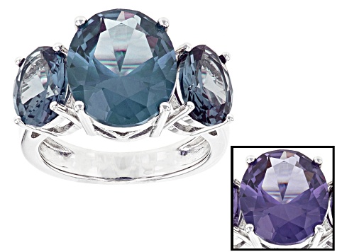 Purple Lab Created Color Change Sapphire Rhodium Over Sterling Silver 3-Stone Ring 8.63ctw