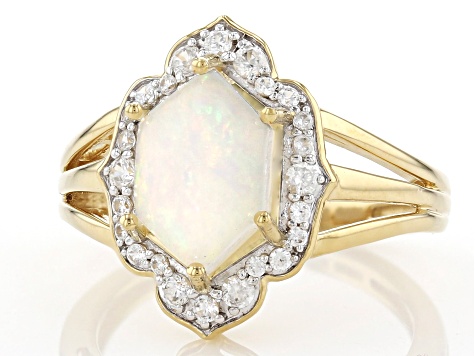 Hexagon Opal And White Zircon 18k Yellow Gold Over Sterling Silver Ring 1.10ctw