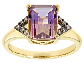 Barrel Ametrine and Champagne Diamonds 18k Yellow Gold Over Sterling Silver Ring 2.21ctw