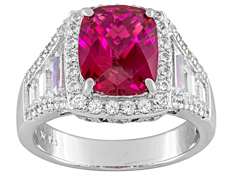 Red Lab Created Ruby And White Cubic Zirconia Rhodium Over Sterling Silver Ring 11.74ctw