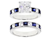 Blue Lab Sapphire & White Cubic Zirconia Scintillant Cut Rhodium Over Silver Ring With Band 6.88ctw