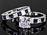 Blue Lab Sapphire & White Cubic Zirconia Scintillant Cut Rhodium Over Silver Ring With Band 6.88ctw