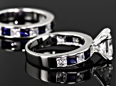 Blue Lab Sapphire & White Cubic Zirconia Scintillant Cut Rhodium Over Silver Ring With Band 6.88ctw