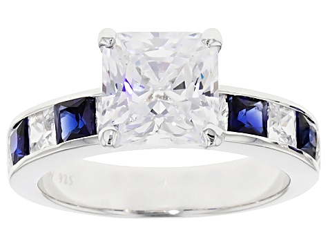 Blue Lab Sapphire & White Cubic Zirconia Scintillant Cut Rhodium Over Silver Ring With Band 6.88ctw