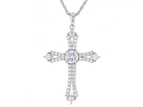 White Cubic Zirconia Rhodium Over Sterling Silver Cross Pendant With Chain 3.42ctw