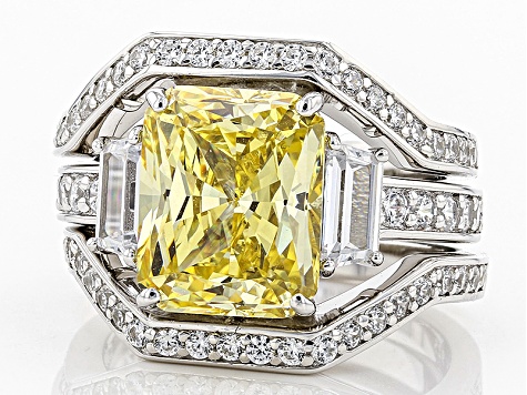 Yellow & White Cubic Zirconia Rhodium Over Silver Ring With Bands 10.54ctw