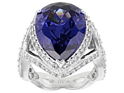 Blue and White Cubic Zirconia Rhodium Over Sterling Silver Ring 17.82ctw