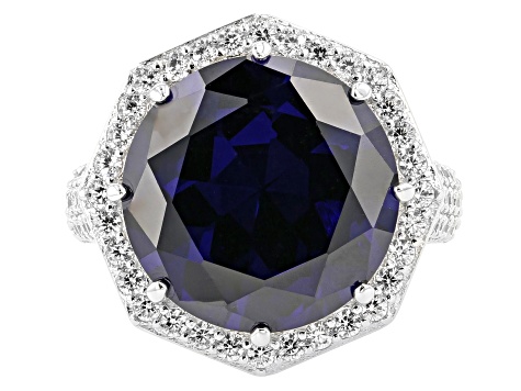 Blue & White Cubic Zirconia Rhodium Over Sterling Silver Center Design Ring 18.02CTW