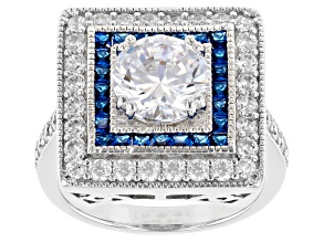 Lab Created Blue Spinel and White Cubic Zirconia Rhodium Over Silver Ring 5.38ctw