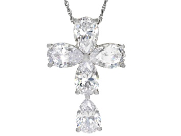 Picture of White Cubic Zirconia Rhodium Over Sterling Silver Cross Pendant With Chain 23.70ctw