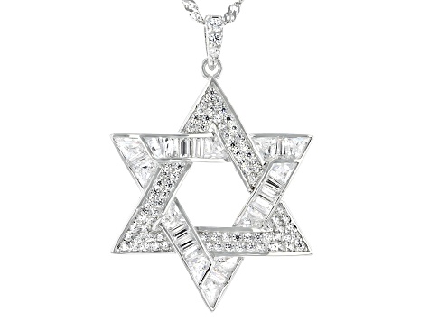 White Cubic Zirconia Rhodium Over Sterling Silver Star Of David Pendant With Chain 4.48ctw
