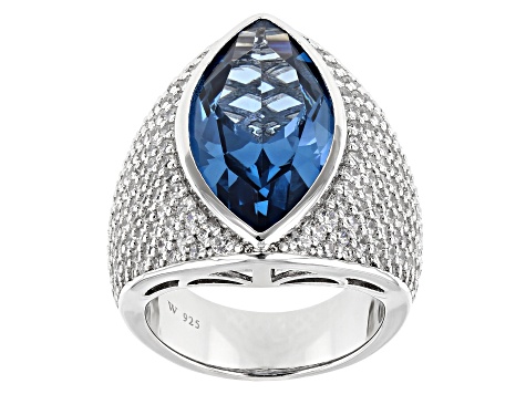 Lab Created Blue Spinel and White Cubic Zirconia Rhodium Over Silver Ring 14.77ctw