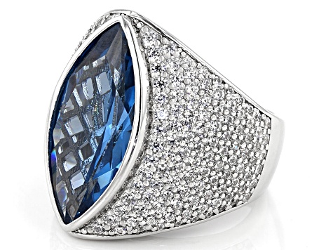 Lab Created Blue Spinel and White Cubic Zirconia Rhodium Over Silver Ring 14.77ctw