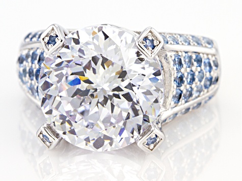 White Cubic Zirconia and Blue Lab Created Spinel Rhodium Over Silver Ring