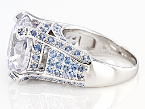 White Cubic Zirconia and Blue Lab Created Spinel Rhodium Over Silver Ring