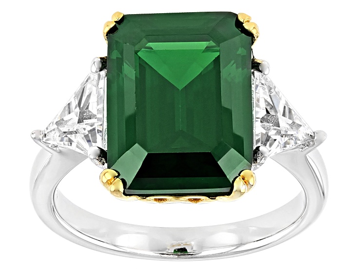 Green and White Cubic Zirconia Rhodium And 18k  Yellow Gold Over Sterling Silver Ring
