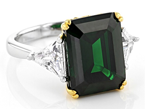 Green and White Cubic Zirconia Rhodium And 18k  Yellow Gold Over Sterling Silver Ring