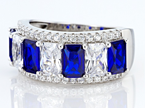 Blue Lab Created Spinel and White Cubic Zirconia Rhodium Over Silver Ring
