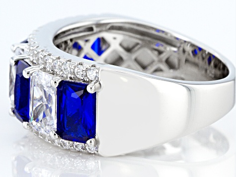 Blue Lab Created Spinel and White Cubic Zirconia Rhodium Over Silver Ring