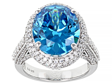 Blue And White Cubic Zirconia Rhodium Over Sterling Silver Ring 14.39ctw
