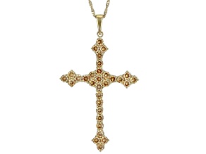 Champagne Cubic Zirconia 18k Yellow Gold Over Sterling Silver Cross Pendant With Chain 4.50ctw