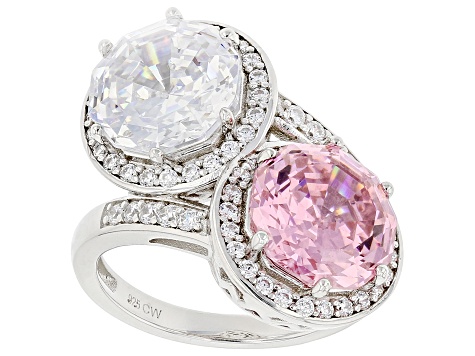 Pink And White Cubic Zirconia Rhodium Over Sterling Silver Scintillant Web Cut® Ring 13.40ctw