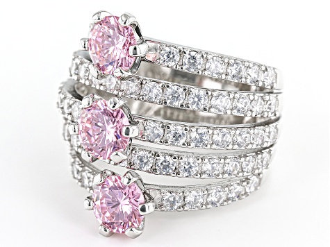 Pink And White Cubic Zirconia Rhodium Over Sterling Silver Ring 6.57ctw