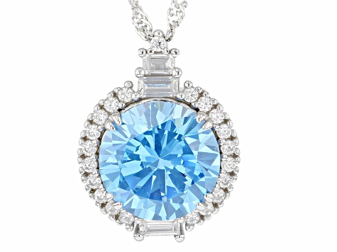 Blue And White Cubic Zirconia Rhodium Over Sterling Silver Pendant With Chain 9.90ctw