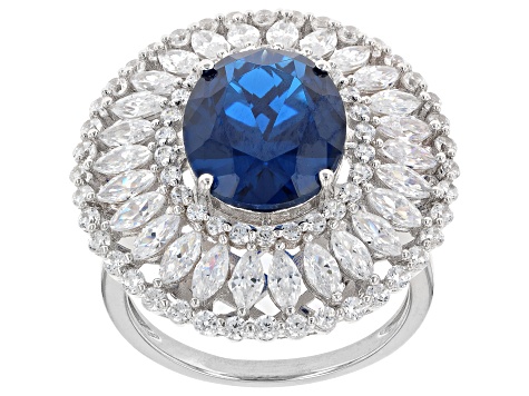 Lab Created Blue Spinel And White Cubic Zirconia Rhodium Over Sterling Silver Ring 9.52ctw