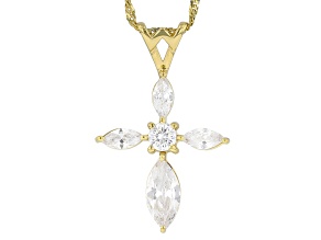 White Cubic Zirconia 18K Yellow Gold Over Sterling Silver Cross Pendant With Chain 3.00ctw