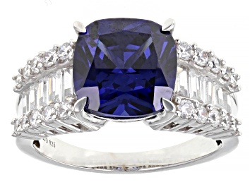 Picture of Blue And White Cubic Zirconia Rhodium Over Sterling Silver Ring 7.49ctw