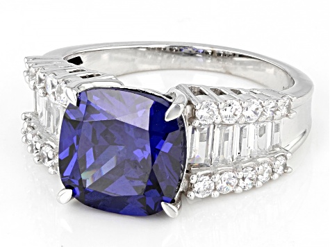 Blue And White Cubic Zirconia Rhodium Over Sterling Silver Ring 7.49ctw