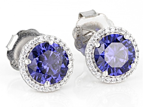 Blue And White Cubic Zirconia Rhodium Over Sterling Silver Studs 6.72ctw