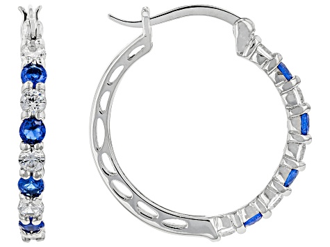 Blue Lab Created Spinel and White Cubic Zirconia Rhodium Over Silver Hoops 2.70ctw