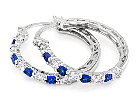 Blue Lab Created Spinel and White Cubic Zirconia Rhodium Over Silver Hoops 2.70ctw