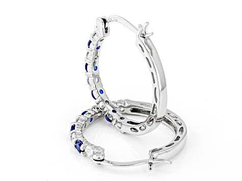 Blue Lab Created Spinel and White Cubic Zirconia Rhodium Over Silver Hoops 2.70ctw