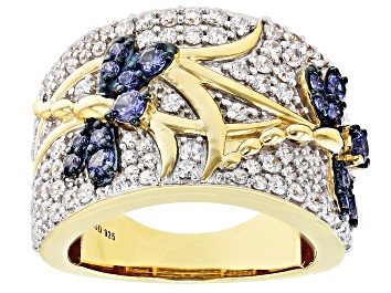 Picture of Blue And White Cubic Zirconia 18k Yellow Gold Over Sterling Silver Dragonfly Ring 2.36ctw