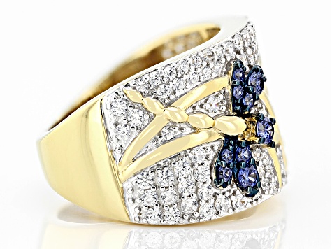 Blue And White Cubic Zirconia 18k Yellow Gold Over Sterling Silver Dragonfly Ring 2.36ctw