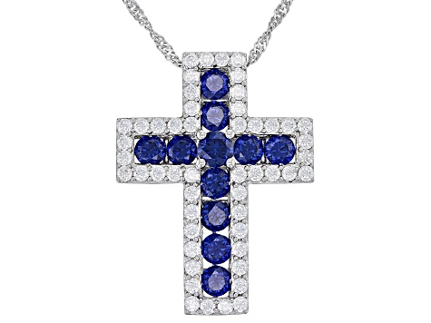 Blue And White Cubic Zirconia Rhodium Over Silver Cross Pendant With Chain 3.98ctw