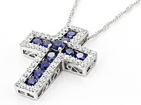 Blue And White Cubic Zirconia Rhodium Over Silver Cross Pendant With Chain 3.98ctw