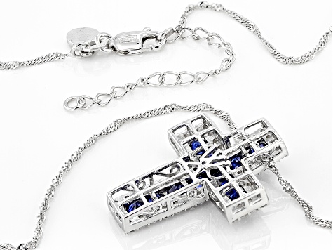 Blue And White Cubic Zirconia Rhodium Over Silver Cross Pendant With Chain 3.98ctw