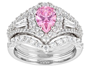 Pink And White Cubic Zirconia Rhodium Over Sterling Silver Ring Set 5.01ctw