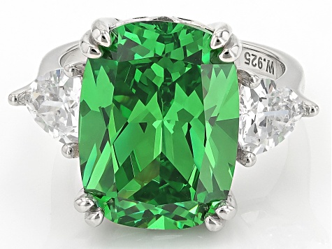 Green And White Cubic Zirconia Rhodium Over Silver Ring