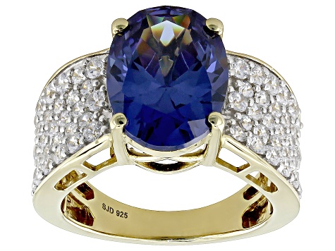 Blue And White Cubic Zirconia 18k Yellow Gold Over Sterling Silver Ring 9.78ctw