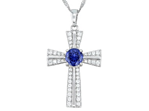 Blue And White Cubic Zirconia Rhodium Over Silver Cross Pendant 2.61ctw