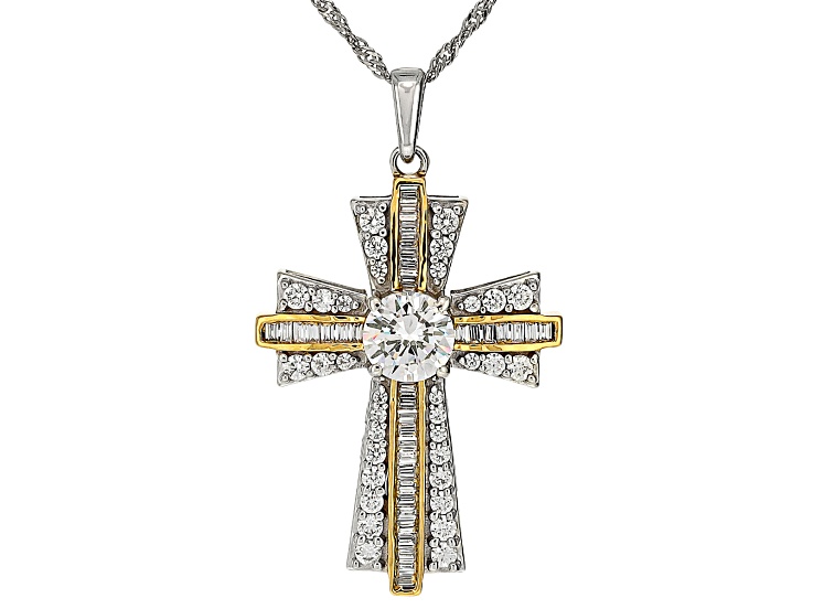 White Cubic Zirconia Rhodium And 18k Yellow Gold Over Sterling Silver Cross Pendant 3.19ctw