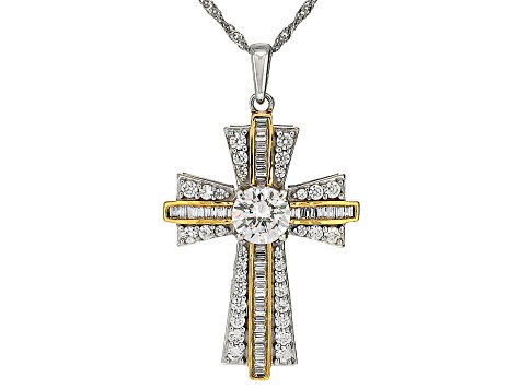 White Cubic Zirconia Rhodium And 18k Yellow Gold Over Sterling Silver Cross Pendant 3.19ctw
