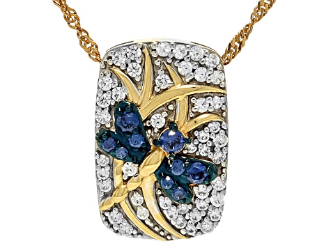 Blue And White Cubic Zirconia 18k Yellow Gold Over Sterling Silver Dragonfly Pendant 1.17ctw