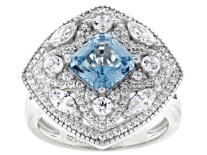 Blue Lab Created Spinel And White Cubic Zirconia Rhodium Over Silver Asscher Cut Ring 4.85ctw