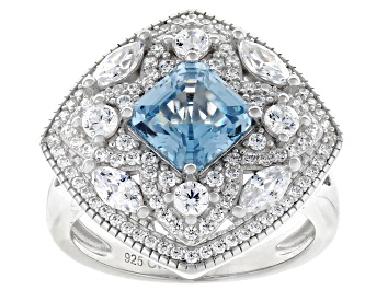 Picture of Blue Lab Created Spinel And White Cubic Zirconia Rhodium Over Silver Asscher Cut Ring 4.85ctw